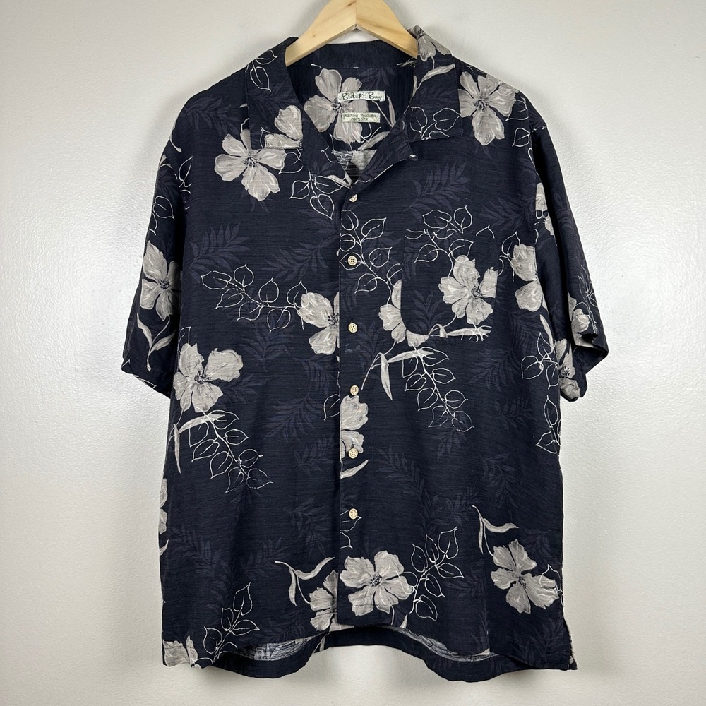 Batik Bay Mens XL Button Down Shirt Navy Blue Floral 100% Silk Hawaiian Aloha